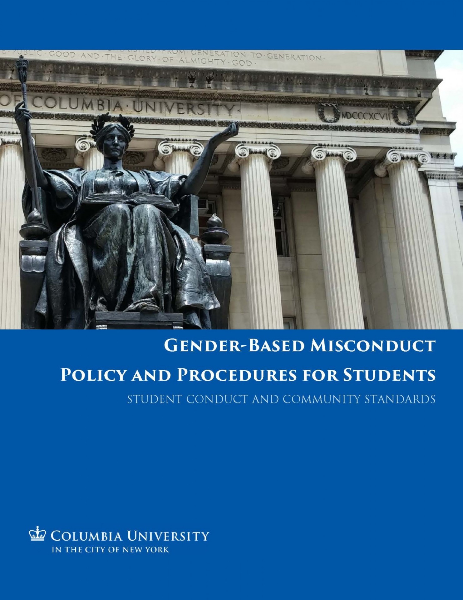 Gender-Based Misconduct Policy Report cover with image of Alma Mater