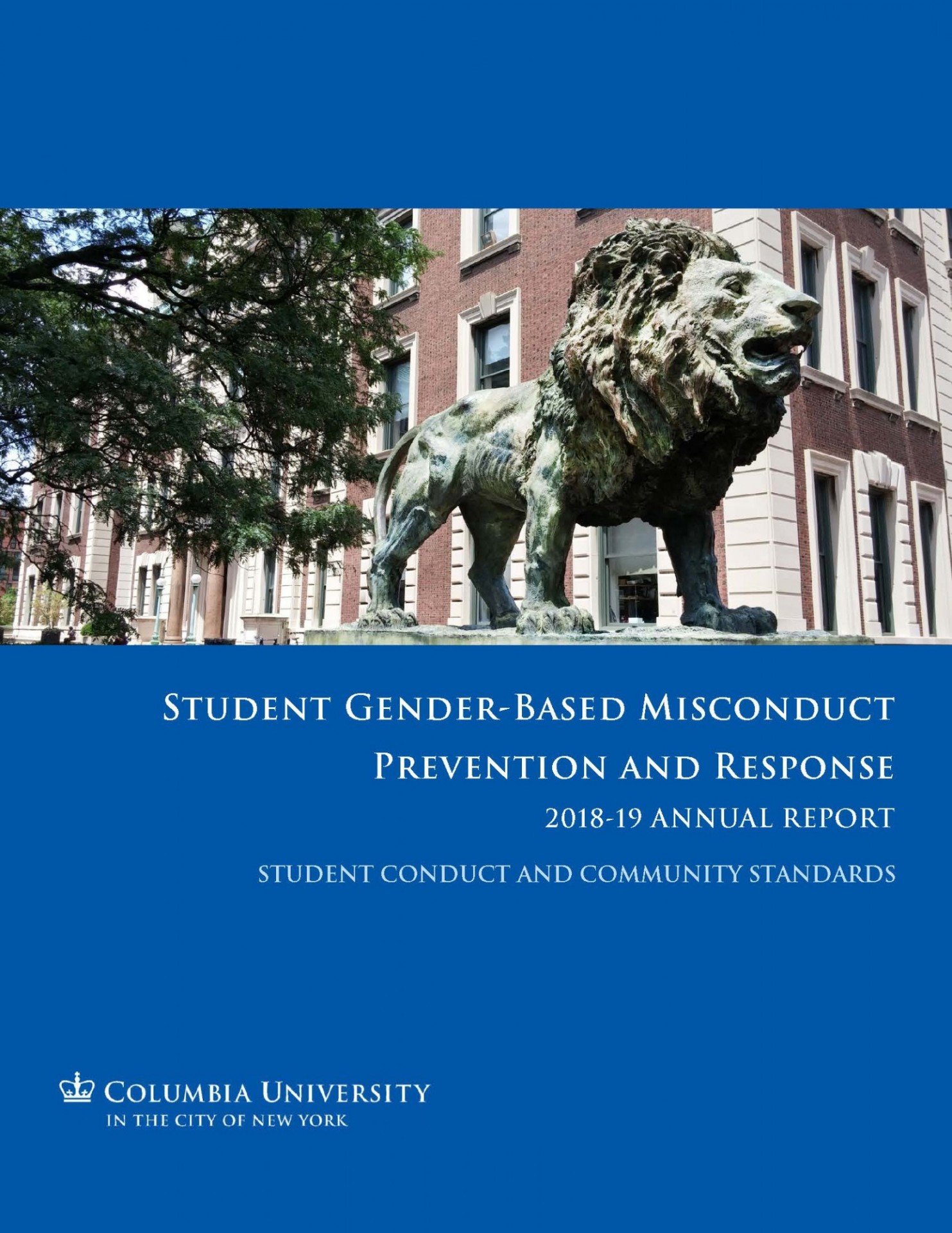 Cover of 2018-19 Report on Gender-Based Misconduct Prevention and Response with image of lion statue