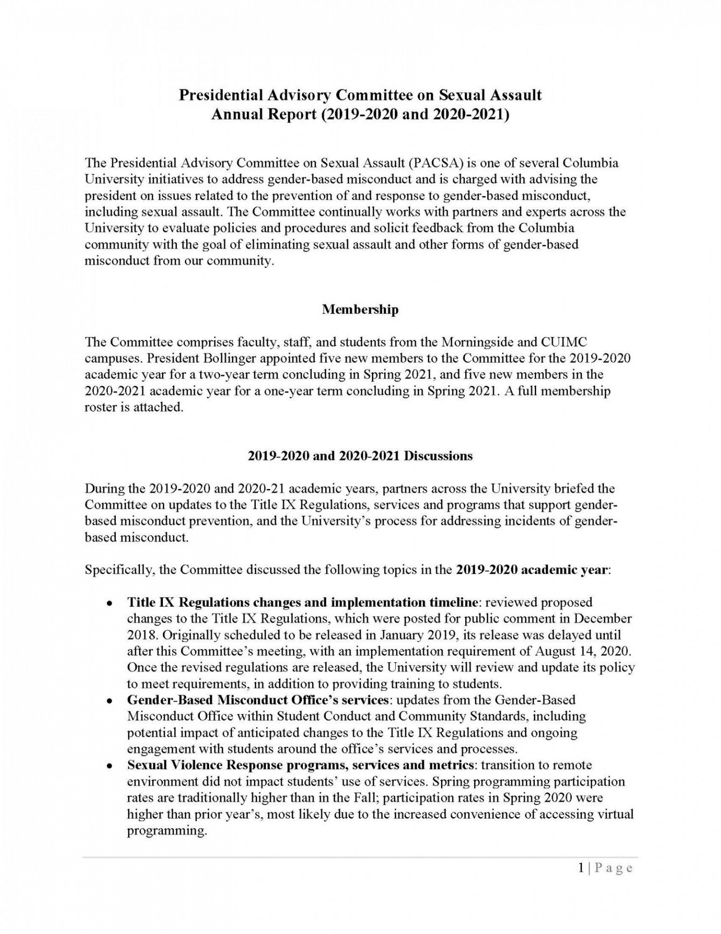 Cover for Presidential Advisory Committee on Sexual Assault (PACSA) Report